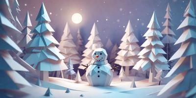 The primary subject of the image is a snowman, which is standing in a snowy field. The setting is a winter landscape with snow-covered trees in the background. The visual style is a combination of digital art and illustration, creating a unique and creative representation of the snowman. The colors and mood of the image are predominantly white and cold, reflecting the winter season and the snowman's appearance.